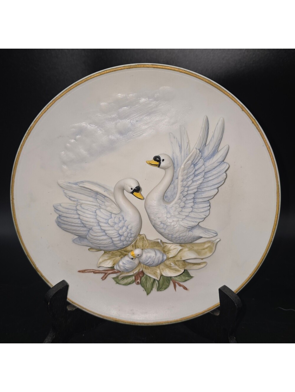 VTG Ardalt Lenwile China 3D Swan Wall Plate Hanging Plaque Hand Painted 7229 8"